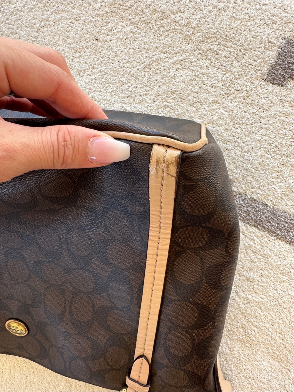 Coach Brown Signature Shoulder Bag with Tan Trim - Picture 13 of 15